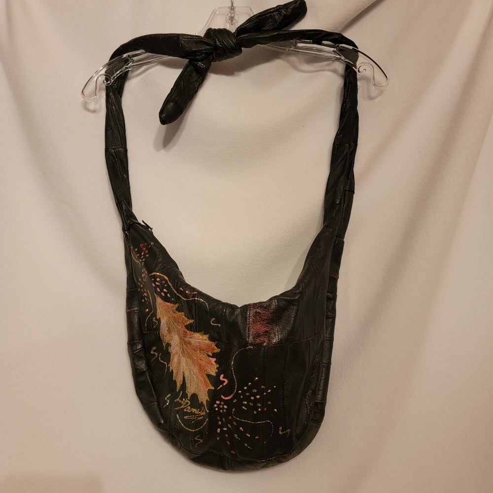 Leaf painted Black Leather Hobo Bag - Picture 2 of 4